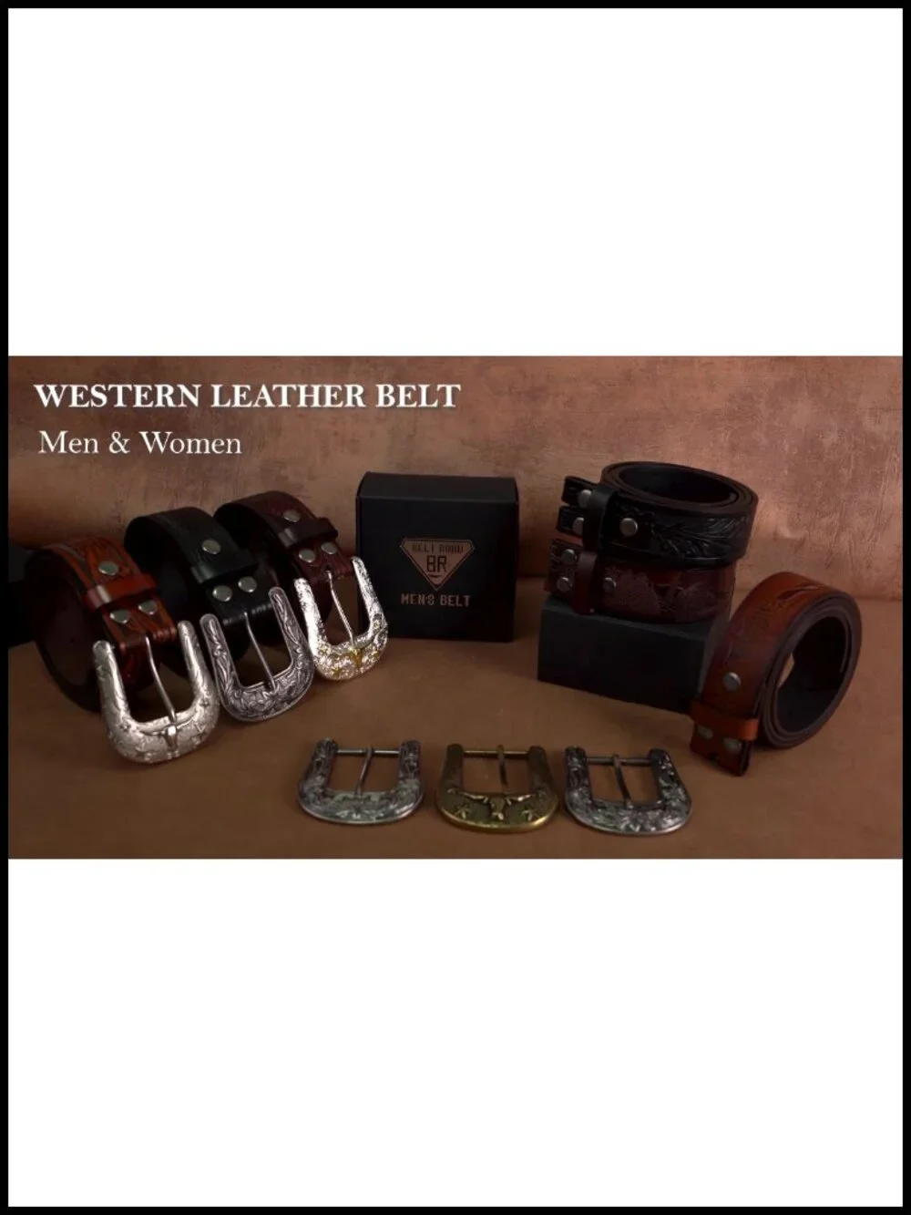 Western Leather Belt with Removable Silver Buckle - Men Women